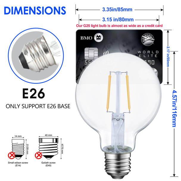 Dimmable LED Edison Light Bulb, G25 (G80) Globe Shape, Clear Glass, 40 Watt Equivalent, 2700K Soft White, Christmas Light, E26 Standard Base, UL Listed, 6-Pack