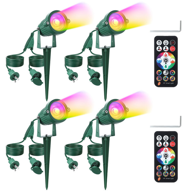 Enhon 4 Pack RGB Spotlight Outdoor for Christmas Waterproof LED Landscape Lighting with Timer 10 FT Power Extension Cord, 120V Remote Control Color Changing Spotlights for Yard Garden Lawn