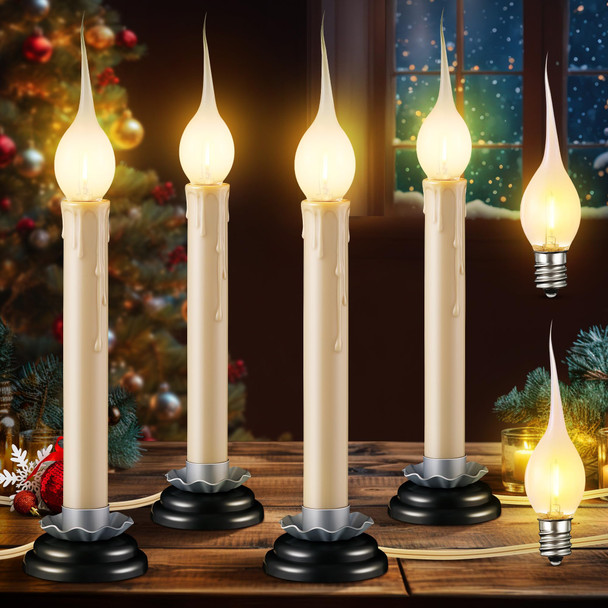 Enhon 4 Pack Rustic Country Candle Lights with Replacement Silicone Bulb, C7 0.6W Electric LED Christmas Window Candles Plug in, UL Certification Warm White Candlestick Lamp, 5 FT Cord, On/Off Switch