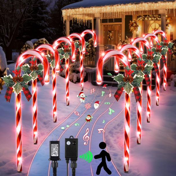 Enhon 10 Pcs Christmas Candy Cane Light with 4 Christmas Theme Music, 21 inch Pathway Markers Light with Stakes Christmas Driveway Light for Xmas Holiday Party Walkway Garden Decor (Red, White)