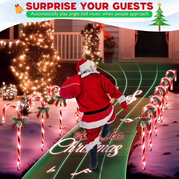 Enhon 10 Pcs Christmas Candy Cane Light with 4 Christmas Theme Music, 21 inch Pathway Markers Light with Stakes Christmas Driveway Light for Xmas Holiday Party Walkway Garden Decor (Red, White)