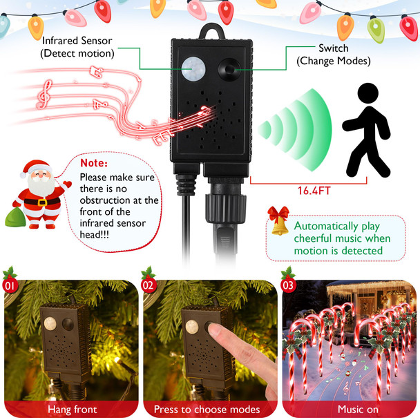 Enhon 10 Pcs Christmas Candy Cane Light with 4 Christmas Theme Music, 21 inch Pathway Markers Light with Stakes Christmas Driveway Light for Xmas Holiday Party Walkway Garden Decor (Red, White)