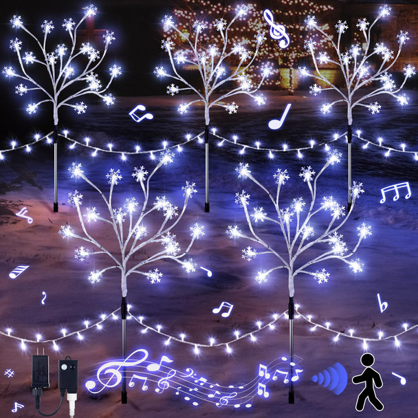 Enhon 5 Pack Snowflake Christmas Pathway Lights, 180 LED Garden Stake Lights with Christmas Theme Music, Waterproof Xmas Decoration Tree Light for Outdoor Yard Patio Lawn Decor (Cool White)