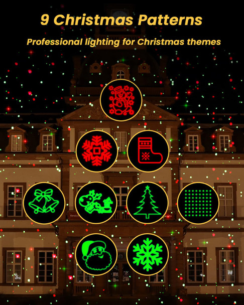 Christmas Projector Lights Outdoor: Red and Green Christmas Laser Lights Outdoor for House Garden Holiday - Christmas Light Show with Remote 3540 Sq Ft (Christmas & Fireflies Patterns)