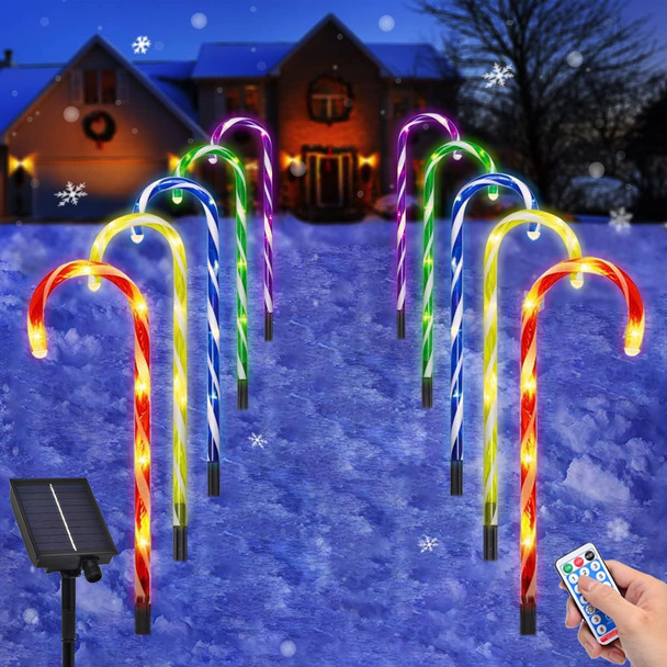 Solar Christmas Lights Outdoor - 10 Sets 21in Candy Cane 60 LEDs with Remote Control USB Rechargeable Solar Panel, Lighted Xmas Waterproof Path Landscape Lights, Outside Indoor Decorations - Colorful