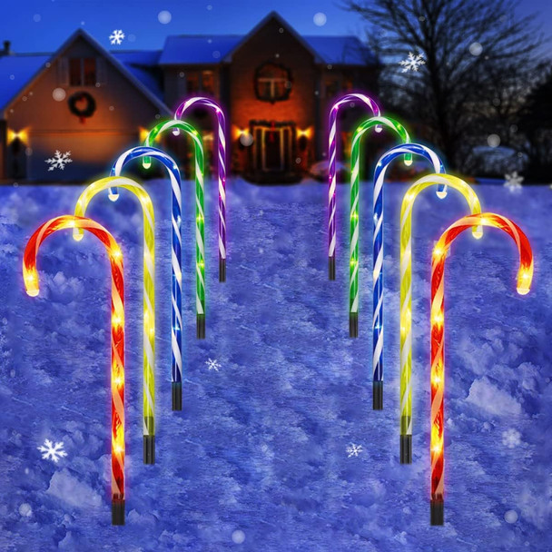 Candy Cane Outdoor Christmas Lights - 10 Pack 60 LEDs 21in Lighted Landscape Path Lights String with Memory Function 8 Flashing Modes End-to-End Plug in Waterproof Outside Xmas Decorations - Colorful