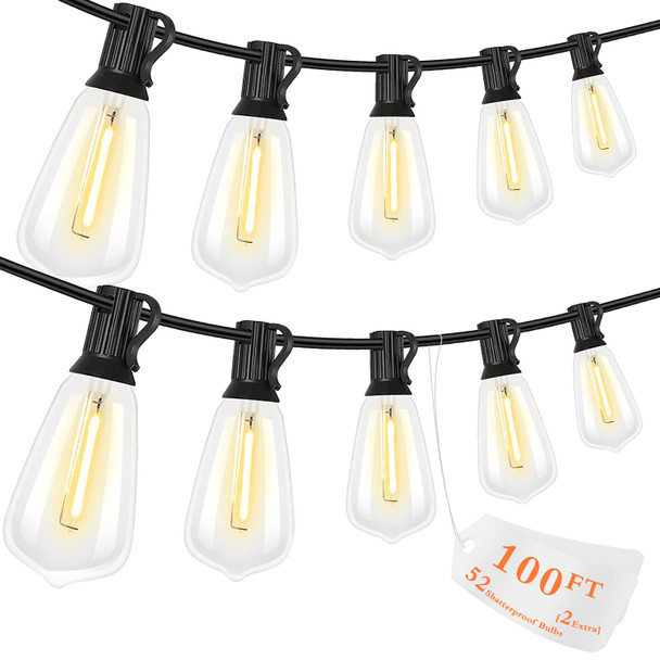 100FT LED Outdoor String Lights, Waterproof Patio Lights with 50+2 Edison Shatterproof Bulbs, Outside Hanging Light, Christmas Decorative for Patio, Cafe, Garden, Bar