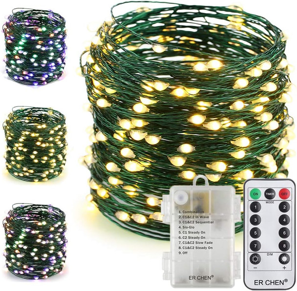 ER CHEN Color Changing Battery Operated Fairy String Lights with Remote Timer, 66Ft 200 LED 8 Modes Green Copper Wire Christmas Lights for Bedroom, Patio, Garden, Yard (Warm White & Multicolor)