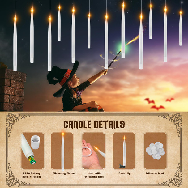Floating Candles with Wand,12 Pcs Magic Hanging Candles with Remote,Halloween Decorations Flameless Candles,Hanging Candles for Halloween and Christmas Window Decor