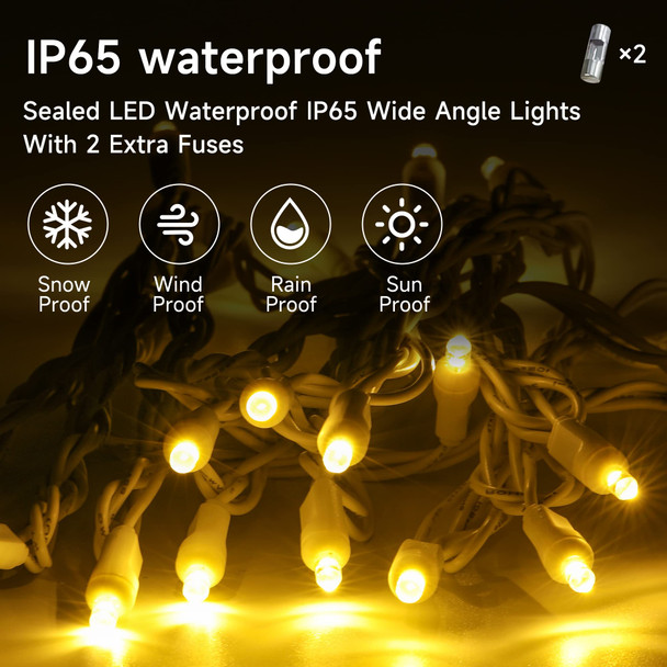 Warm White 50ft UL Listed 100 Count Outdoor LED String Lights Commercial Grade 5mm Wide Angle Christmas Lights for Garden Tree Lighting Decoration, IP65 Waterproof, White Wire
