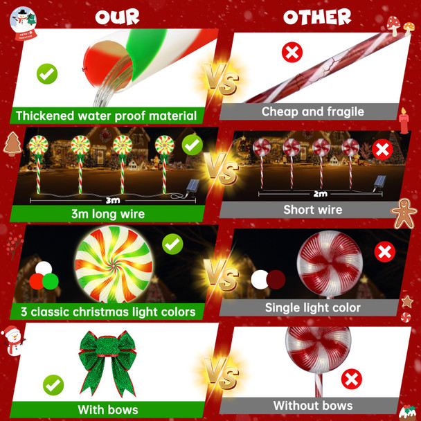 Evoio 4 Pcs Sola Candy Pathway Lights Solar Powered Garden Lights Christmas Decorations, 8 Lighting Modes Christmas Decorations Outdoor Candy Light for Yard Deck Lawn Patio Walkway Courtyard