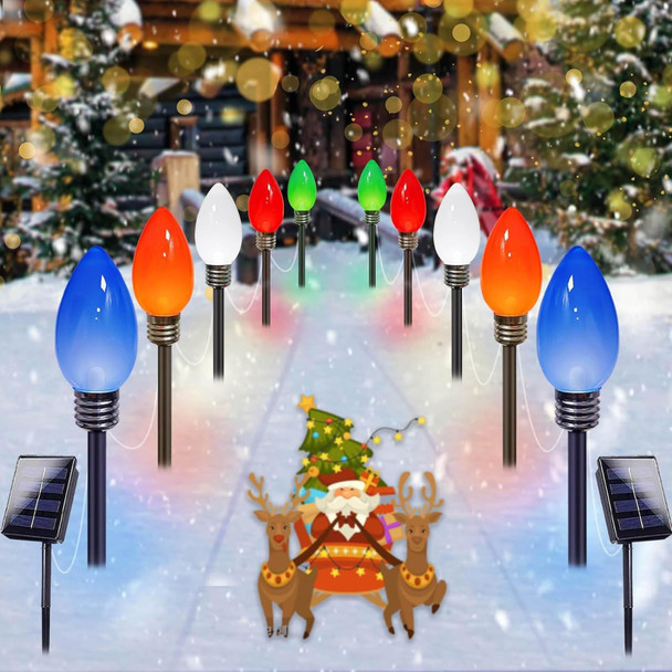 10 Pack Jumbo C9 Christmas Decorations Outdoor Waterproof, Solar Christmas Path Lights with Pathway Marker Stakes, Solar Powered Lights for Outside Yard Lawns Garden Xmas Holiday Decor (Multicolor)