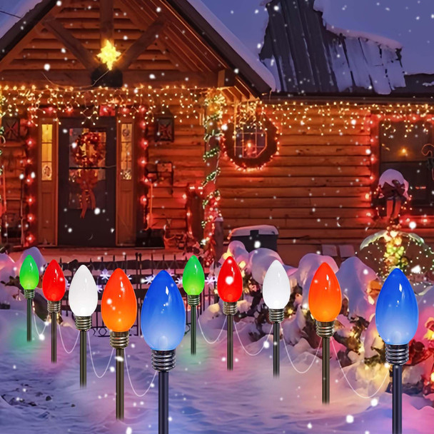 10 Pack Jumbo C9 Christmas Decorations Outdoor Waterproof, Solar Christmas Path Lights with Pathway Marker Stakes, Solar Powered Lights for Outside Yard Lawns Garden Xmas Holiday Decor (Multicolor)
