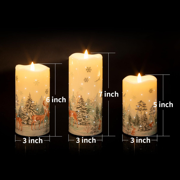 Eywamage Forest Deer Fiber Optic Flameless Pillar Candles with Remote, Flickering Christmas LED Battery Candles Set of 3