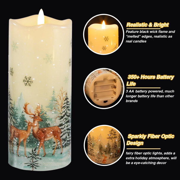 Eywamage Forest Deer Fiber Optic Flameless Pillar Candles with Remote, Flickering Christmas LED Battery Candles Set of 3