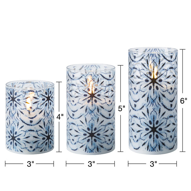 Eywamage Blue Snowflakes Flameless Candles in Glass Jars, Flickering Battery LED Pillar Candles with Remote Set of 3