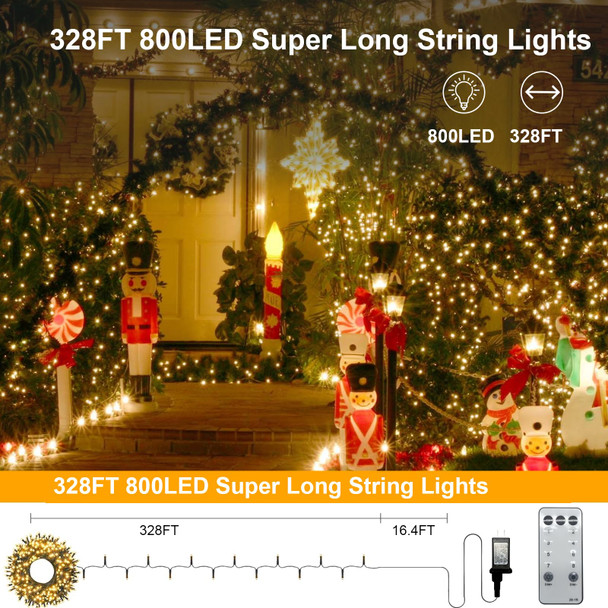 800LED Outdoor Indoor String Lights, Extra Long 328FT Christmas Lights, 8 Lighting Modes with Remote Control Plug-in Fairy Lights for Holiday Wedding Party Bedroom Decoration (Warm White)