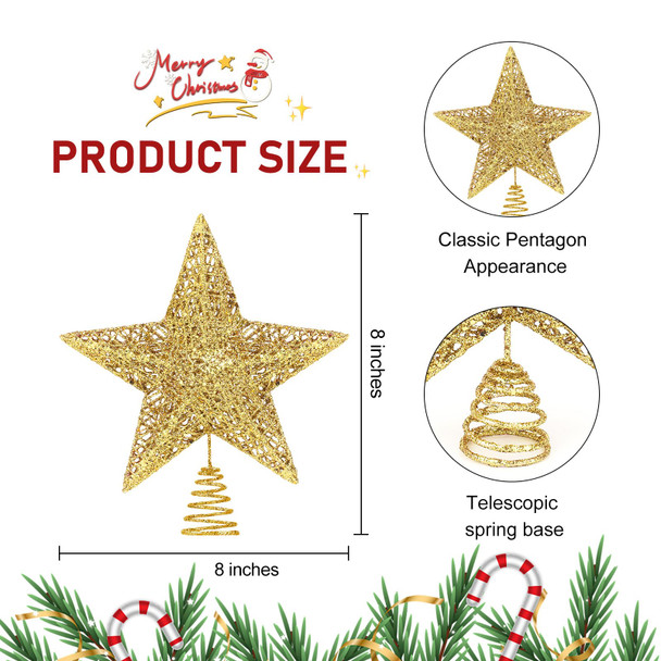 Christmas Tree Topper,Glittered Gold Star Christmas Tree Topper for Home Mas Tree Decorations/Holiday Party Home Indoor Decororations/Bar Shop Office (8'', Gold)