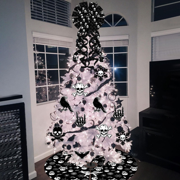 Black Gothic Christmas Tree Decorations with Scary Skull Christmas Tree Skirt, Large Decorative Tree Topper Bow, 12Pcs Tree Hanging Ornaments for Winter Halloween Xmas Tree Decor