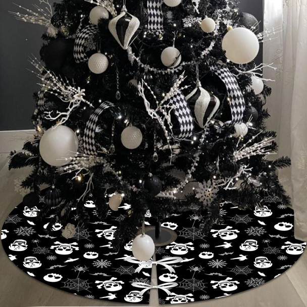 Black Gothic Christmas Tree Decorations with Scary Skull Christmas Tree Skirt, Large Decorative Tree Topper Bow, 12Pcs Tree Hanging Ornaments for Winter Halloween Xmas Tree Decor