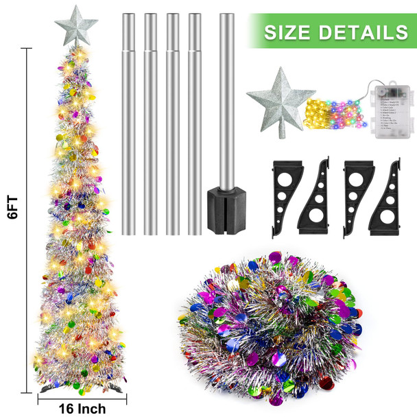 6FT Pop up Christmas Tree with 100 LED Multi-Colored Lights, Artificial Tinsel Xmas Tree, Battery Operated Pencil Tree Christmas Decoraitons Indoor Outdoor for Holiday Home Party Decorations (Silver) 6FT Pop up Christmas Tree with 100 LED Multi-Colored Lights, Artificial Tinsel Xmas Tree, Battery Operated Pencil Tree Christmas Decoraitons Indoor Outdoor for Holiday Home Party Decorations (Silver)