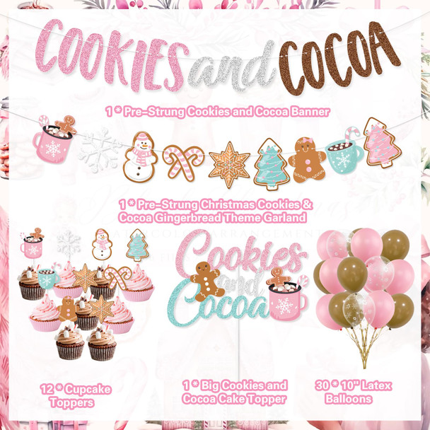 Cookies and Cocoa Party Decorations, Pink Cookies and Cocoa Banner Christmas Gingerbread Man Banner Cake Topper Balloons for Christmas Hot Cocoa Bar Supplies Christmas Birthday Party Decorations