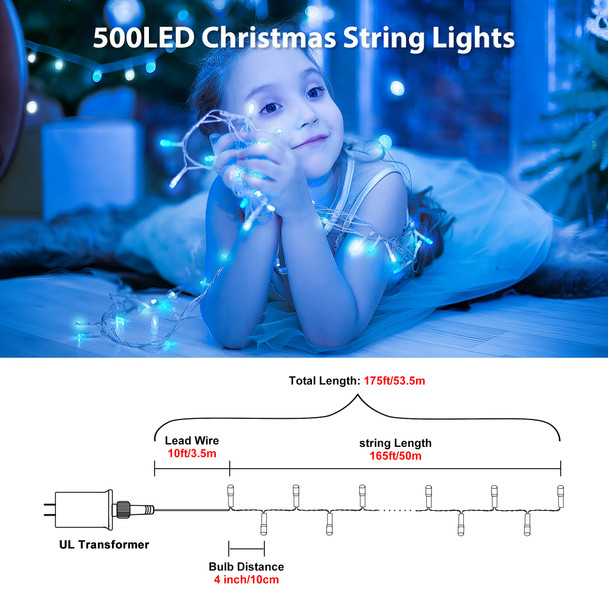 Fiee 500 LED Christmas Fairy String Lights, 8 Lighting Modes, 175ft Plug in String Waterproof Mini Lights for Outdoor Indoor Holiday Christmas Wedding Party Bedroom Decorations, 500L Blue+White