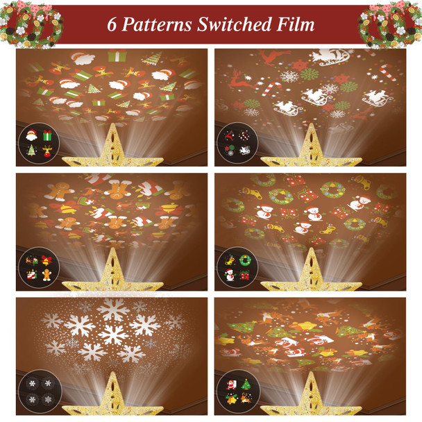 Christmas Tree Topper Lighted with 6 Pattern Projection Modes, Christmas Star Tree Topper Built-in LED Rotating Lights, 3D Glitter Dynamic Projection for Christmas Tree Decor(Gold)