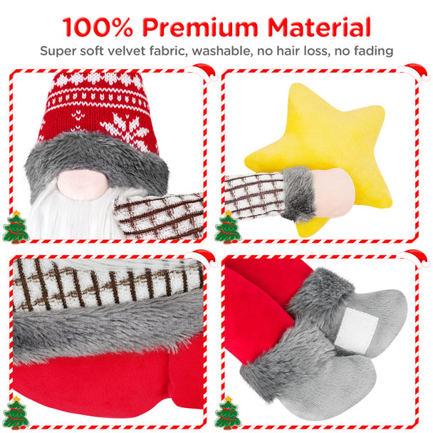 FIREOR Gnome Christmas Tree Topper Decorations , Handmade Large Plush Dwarf Ornaments with Star Red Plaid Hat Xmas Home Holiday Party Decor Scandinavian Swedish, Curtain Tie Wine Bottle Decoration