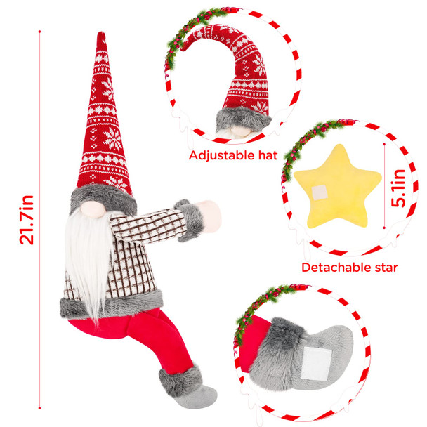 FIREOR Gnome Christmas Tree Topper Decorations , Handmade Large Plush Dwarf Ornaments with Star Red Plaid Hat Xmas Home Holiday Party Decor Scandinavian Swedish, Curtain Tie Wine Bottle Decoration