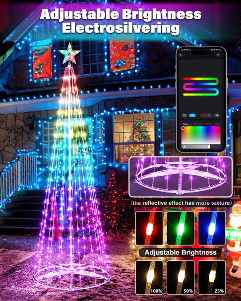 Flacchi Smart Christmas Cone Tree Lights - Star Tree Topper with Removable Bracket, App Control, Sync with Music, Smart Waterfall Colored Lights for Indoor Outdoor Xmas Decorations (8.2ft)