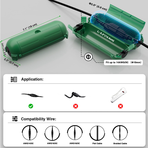 [9 Pack] Outdoor Extension Cord Safety Cover, IP44 Waterproof Connection Protector, Weatherproof Electrical Box for Outdoor Plug, Outlet, Holiday Light, Halloween and Christmas Decorations, Green