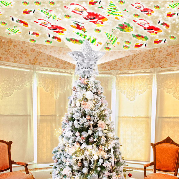 Christmas Tree Topper with 3D Santa Bells Star Projector,fohuas LED Rotating Santa Claus Xmas Tree Light lamp,Glitter Sparkling Silver Snow Tree-top Romantic Decoration Ornament (Silver Star-Santa)