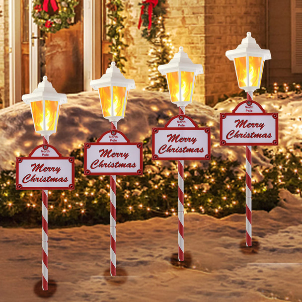 Christmas Pathway Lights Outdoor - 4 Pack Flickering Flame Solar Candy Stake Lights Waterproof Solar Landscape Lights for Christmas Garden, Patio, Yard Driveway Decoration(White)
