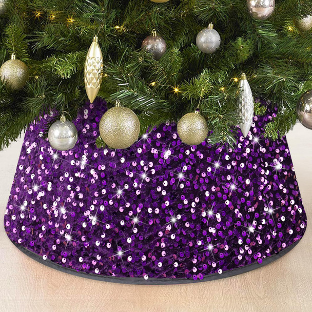 FOTSHARER Christmas Tree Collar Purple 23.6 Inch Sequin Tree Skirt Halloween for Shimmer Glitter Tree Collar Small Xmas Tree Ring Velvet Tree Collar for Pencil Tree Christmas Tree Base Cover Decor
