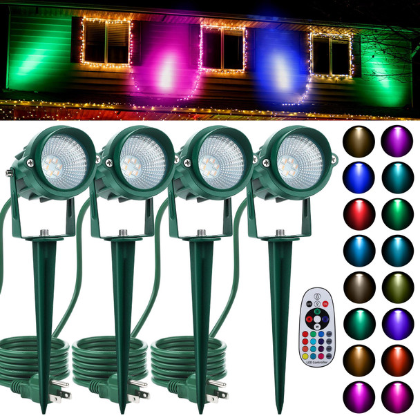 4 Pack Christmas Spotlight 12W RGBW Outdoor Landscape Lights with Remote Control IP65 Waterproof 120V Lights 16 Color Changing for Xmas Halloween Garden Path Yard Decor