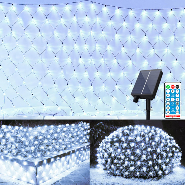 11.5 ft x 5 ft Solar Net Lights, Outdoor Mesh Lights 240 LED Waterproof 8 Mode with Remote String Lights for Bushes Trees Garden Wall Patio Christmas Indoor Decor (Cool White)