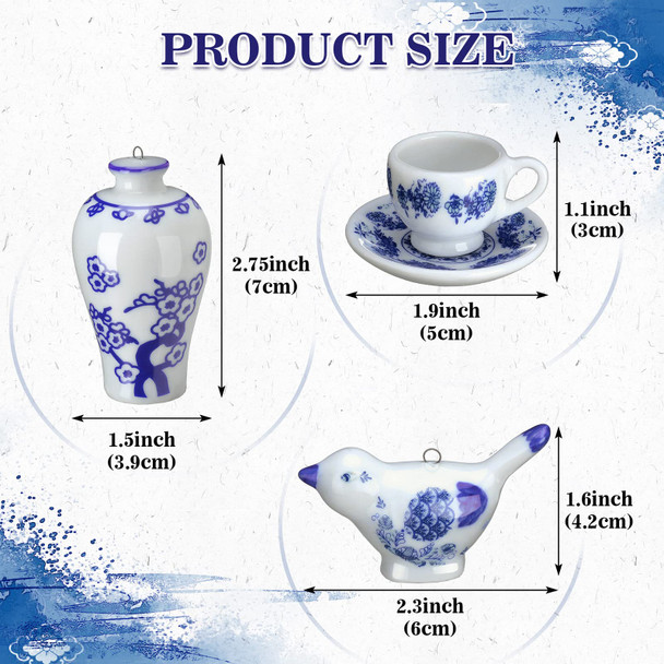 Funtery 9 Pieces Blue and White Porcelain Ornaments Chinoiserie Fall Pumpkin Decor Hanging Pendant Christmas Decor Ceramic Christmas Tree Ornaments for Christmas Autumn Decoration (Vivid Style)