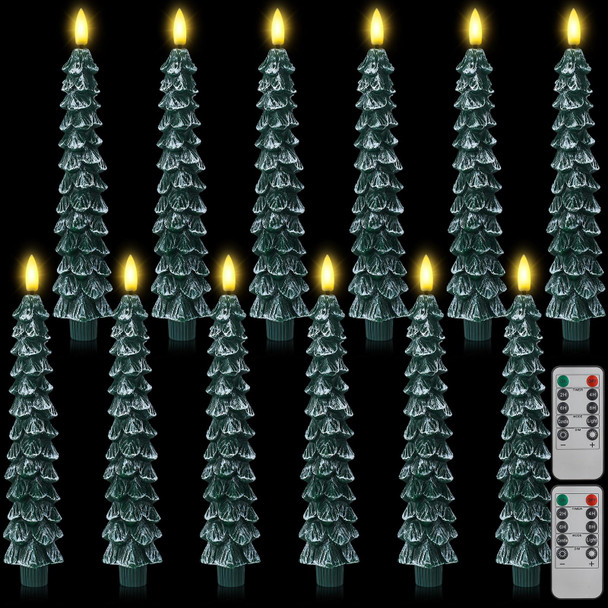 Funtery 12 Pcs Flameless Taper Candles Christmas Tree Candle with Remote Timer 9.7" 3D Real Wax Flickering LED Candles Battery Operated Lights Candlesticks with Flame for Xmas Home (White Green)