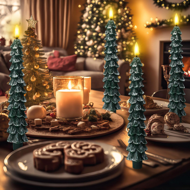 Funtery 12 Pcs Flameless Taper Candles Christmas Tree Candle with Remote Timer 9.7" 3D Real Wax Flickering LED Candles Battery Operated Lights Candlesticks with Flame for Xmas Home (White Green)