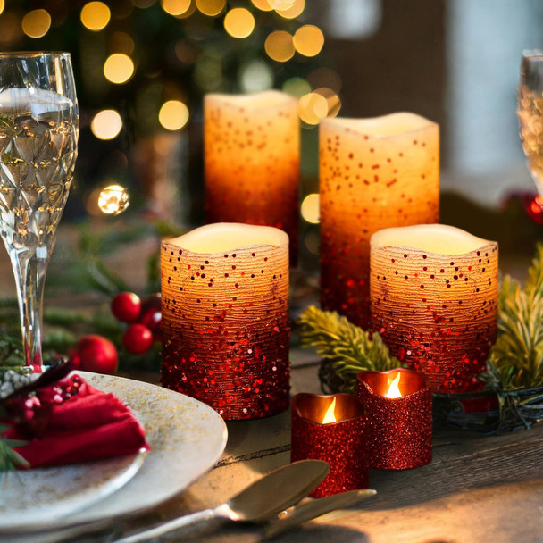 FURORA LIGHTING Red Glitter Real Wax LED Candles with Remote and 6/18 Timer, 4 Pillars and 4 Votives Pack of 8, Flameless Flickering Candles for Home Décor, Battery Included