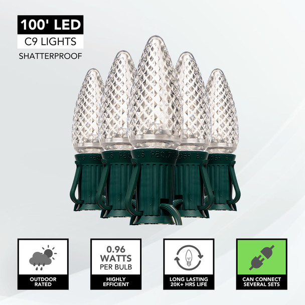 100ft C9 Magnetic Christmas Light Strand, Designed & Patented by LiteNetics, 100 Sockets per Strand, Shatterproof Warm White LED Bulbs for Holidays, Events, Patio, etc. Green Strand