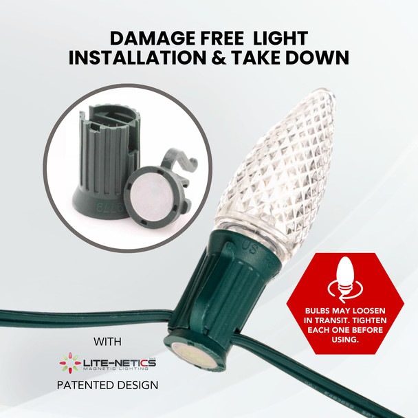 100ft C9 Magnetic Christmas Light Strand, Designed & Patented by LiteNetics, 100 Sockets per Strand, Shatterproof Warm White LED Bulbs for Holidays, Events, Patio, etc. Green Strand
