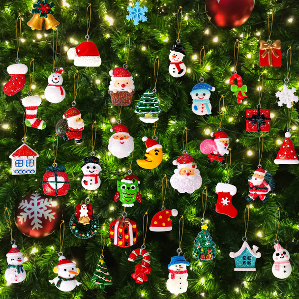 Garma 72Pcs Mini Christmas Ornaments for Xmas Tree Rustic Small Resin Chrismas Miniatures Ornaments Hanging Decoartions Tiny Christmas Tree Crafts with Santa Claus, Snowman,Bells for Christmas Decor