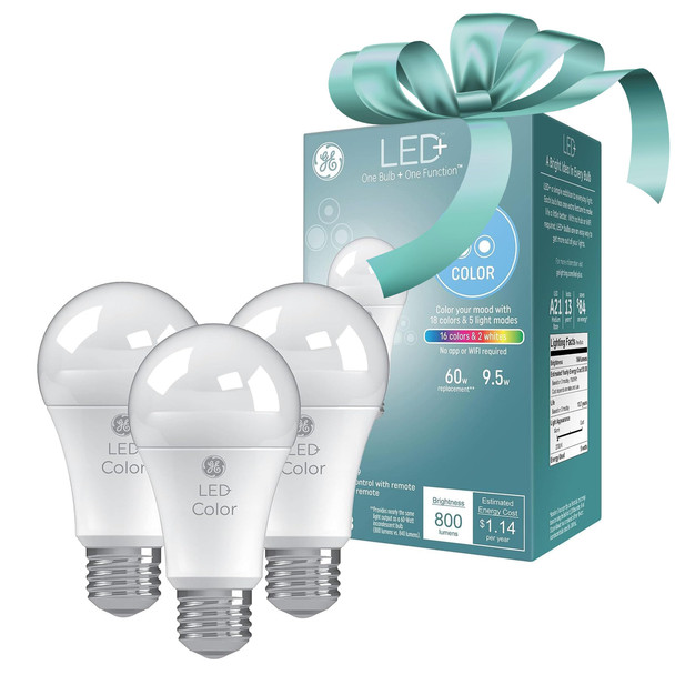 GE LED+ Color Changing A19 LED Light Bulbs with Remote, Indoor Multicolor Light, College Dorm Light, Dorm Room Essentials, Bedroom Light, 9.5W, Christmas s for Men, Holiday for Women (3 Pack)