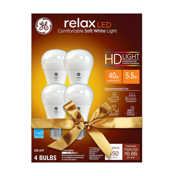 GE Relax LED Light Bulbs, 40 Watt, Soft White, A19, Great Christmas s for Men, Holiday for Women, Perfect Dad s (4 Pack)