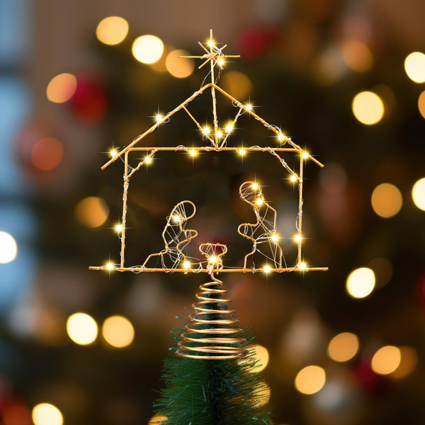 10.6 x 7.8 inches Lighted Christmas Tree Topper Nativity Scene Decoration LED Nativity of Jesus Decoration Metal Christmas Tree Top Decoration for Home Shopping Mall Office Desktop