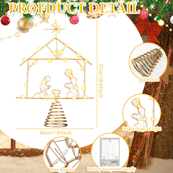 10.6 x 7.8 inches Lighted Christmas Tree Topper Nativity Scene Decoration LED Nativity of Jesus Decoration Metal Christmas Tree Top Decoration for Home Shopping Mall Office Desktop