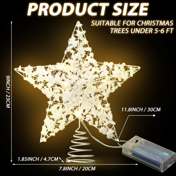 9 Inch Christmas White Tree Star with LED Lights, White Cotton Balls Metal Hallow Light up Metal Tree Topper for Christmas Tree Ornament and Holiday Seasonal Decor(Batteries Not Included)