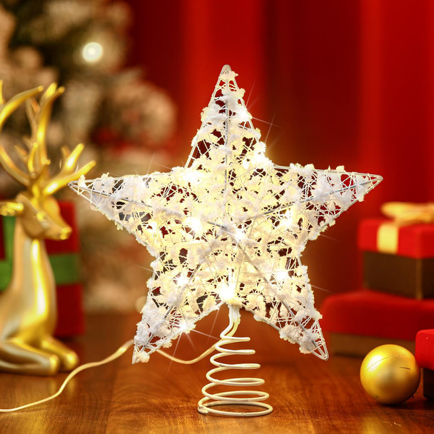 9 Inch Christmas White Tree Star with LED Lights, White Cotton Balls Metal Hallow Light up Metal Tree Topper for Christmas Tree Ornament and Holiday Seasonal Decor(Batteries Not Included)